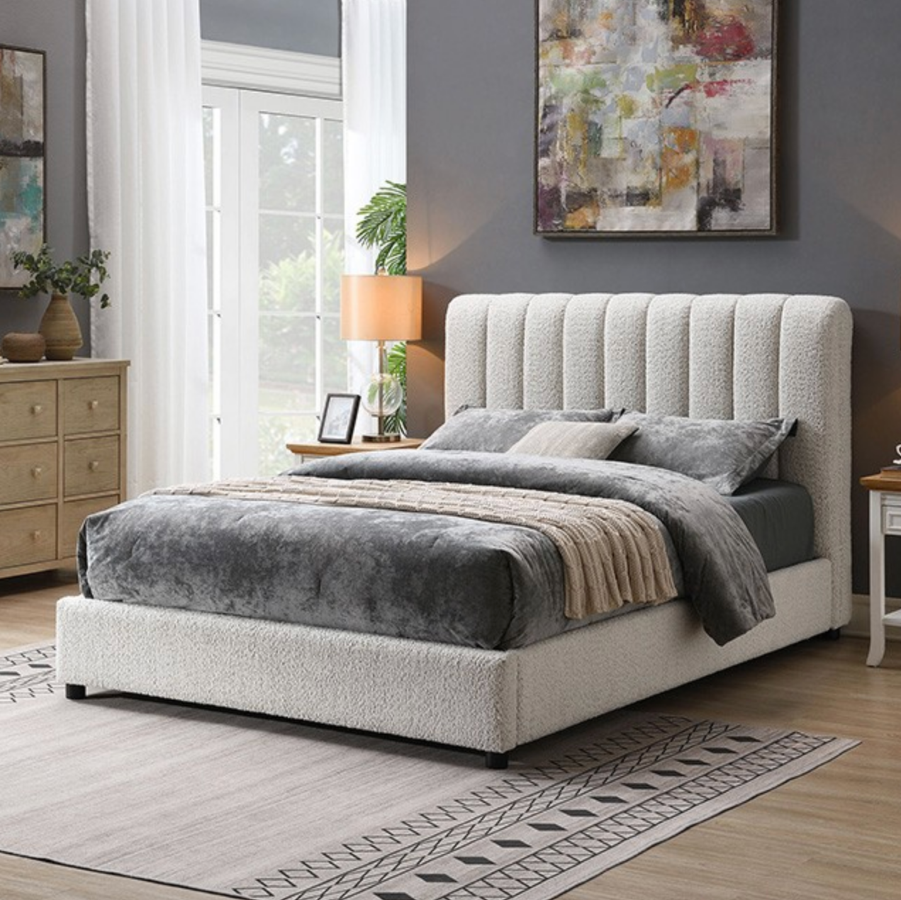 Reddick Queen Off White Boucle Bed Frame