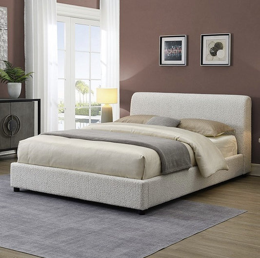 Vestino Queen Off White Boucle Fabric Bed Frame