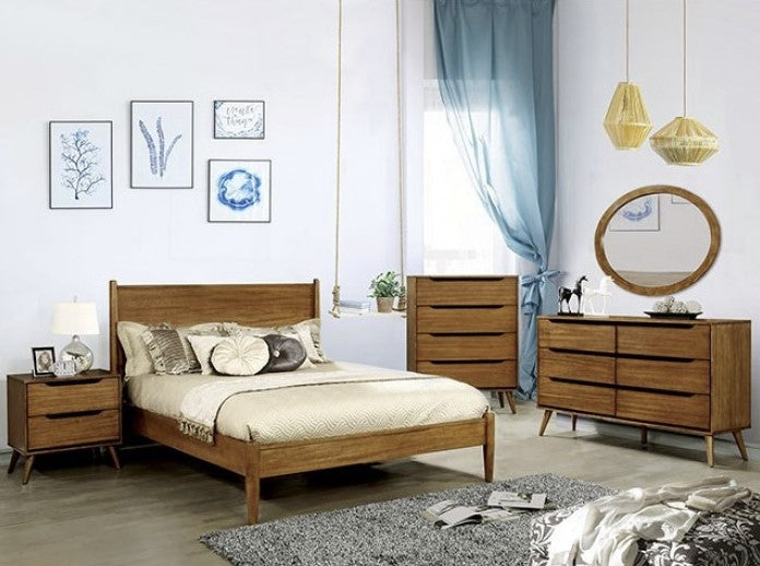 Purnell Oak Mid Century Modern Queen Platform Bed Frame