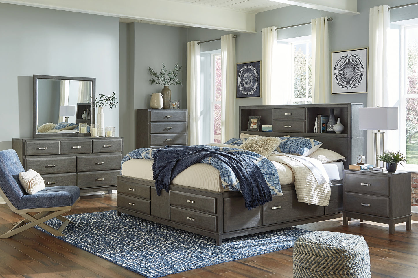 Caitbrook  Storage Bed With 8 Storage Drawers With Mirrored Dresser, Chest And 2 Nightstands