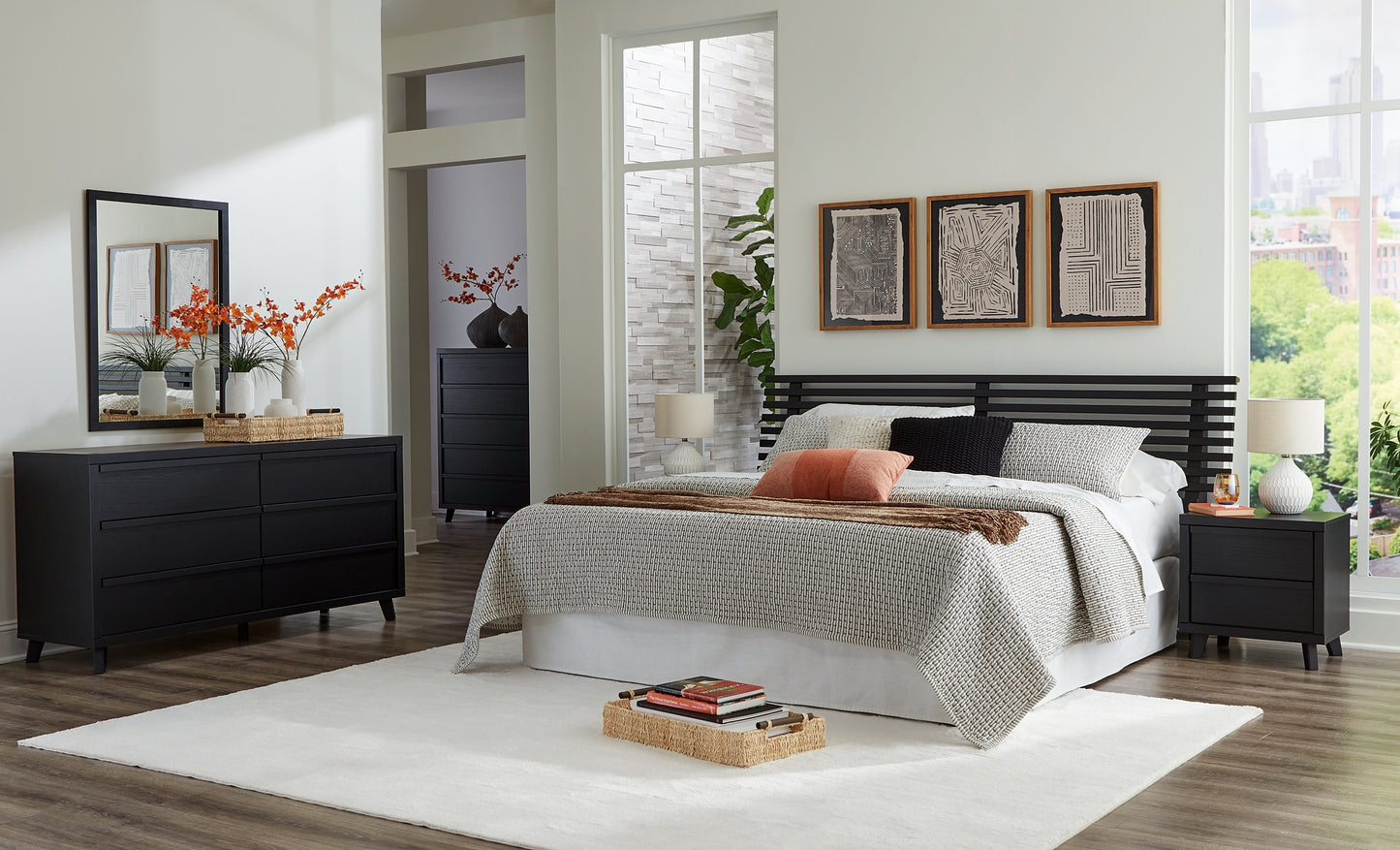 Danziar King Panel Headboard with Mirrored Dresser, Chest and Nightstand