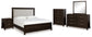 Neymorton Queen Upholstered Panel Bed with Mirrored Dresser, Chest and Nightstand