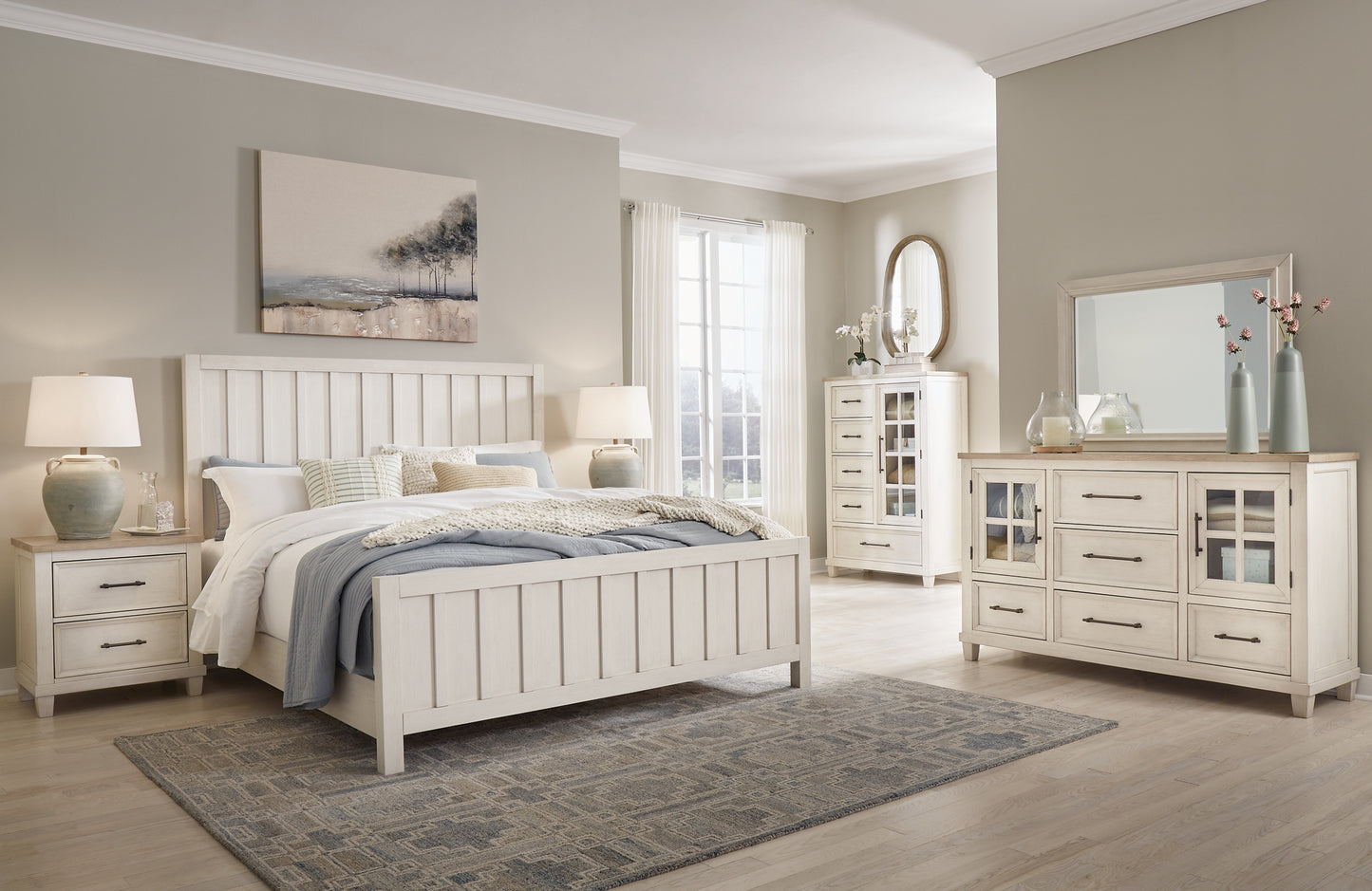 Shaybrock King Panel Bed with Mirrored Dresser and Nightstand