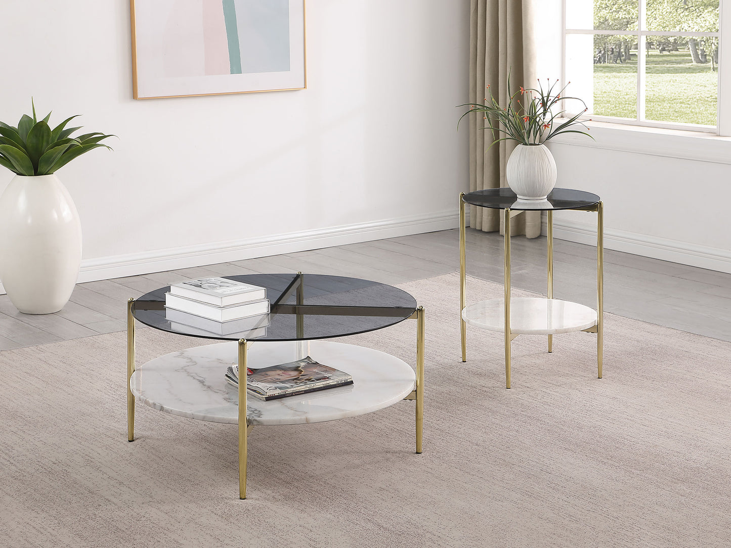 Jonelle Round Glass Top End Table White Marble Shelf Gold