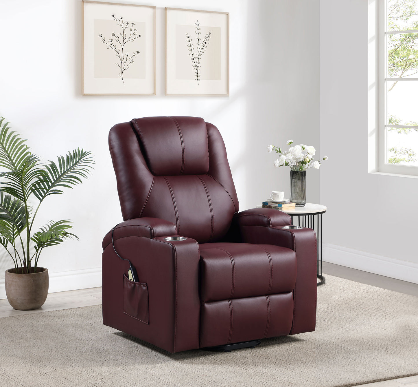 Armstrong Upholstered Power Lift Massage Recliner Wine Red