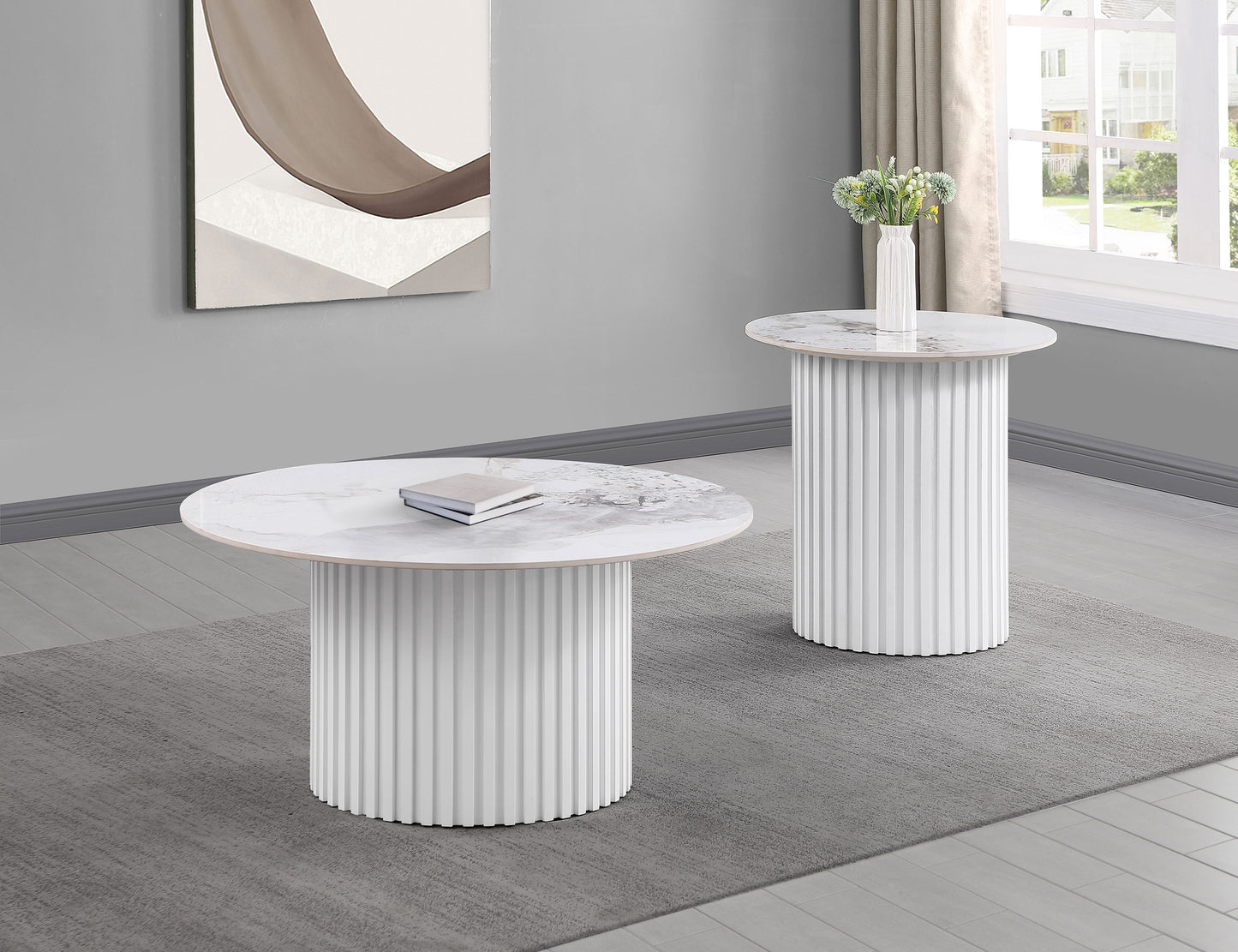 Rowena Round Sintered Stone End Table White Faux Marble