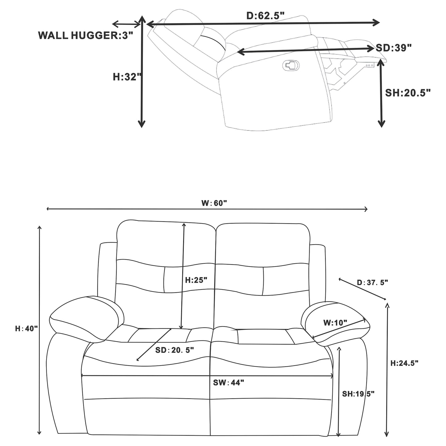 Nova 2-piece Upholstered Padded Arm Sofa Set Dark Grey