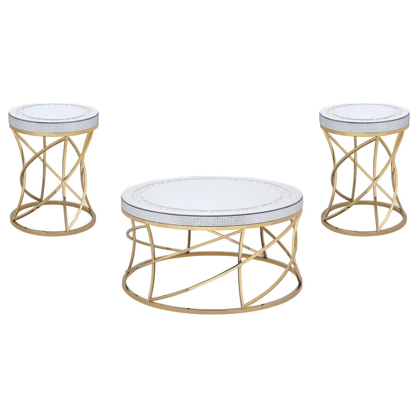 Elise 3-piece Round Mirror Top Coffee and End Table Set Gold