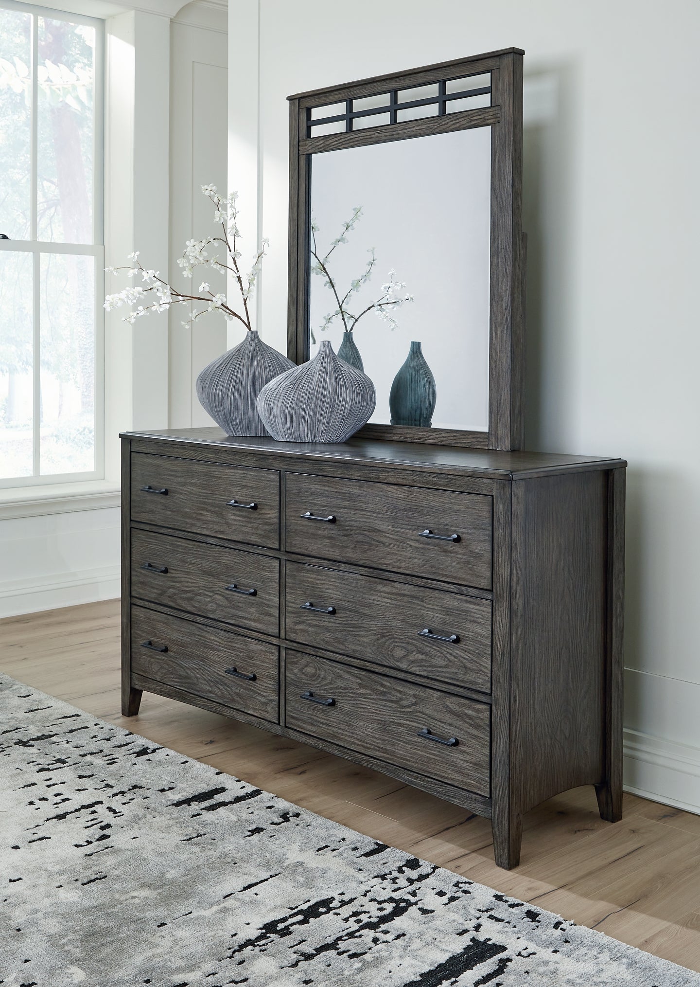 Montillan California King Panel Bed with Mirrored Dresser and Nightstand