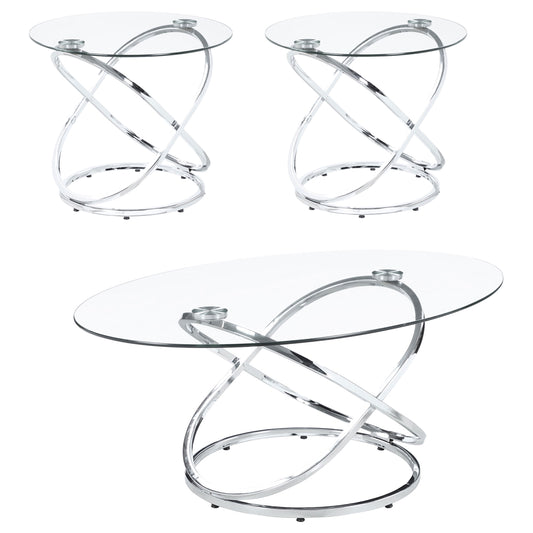 Warren 3-piece Oval Glass Top Coffee Table Set Chrome