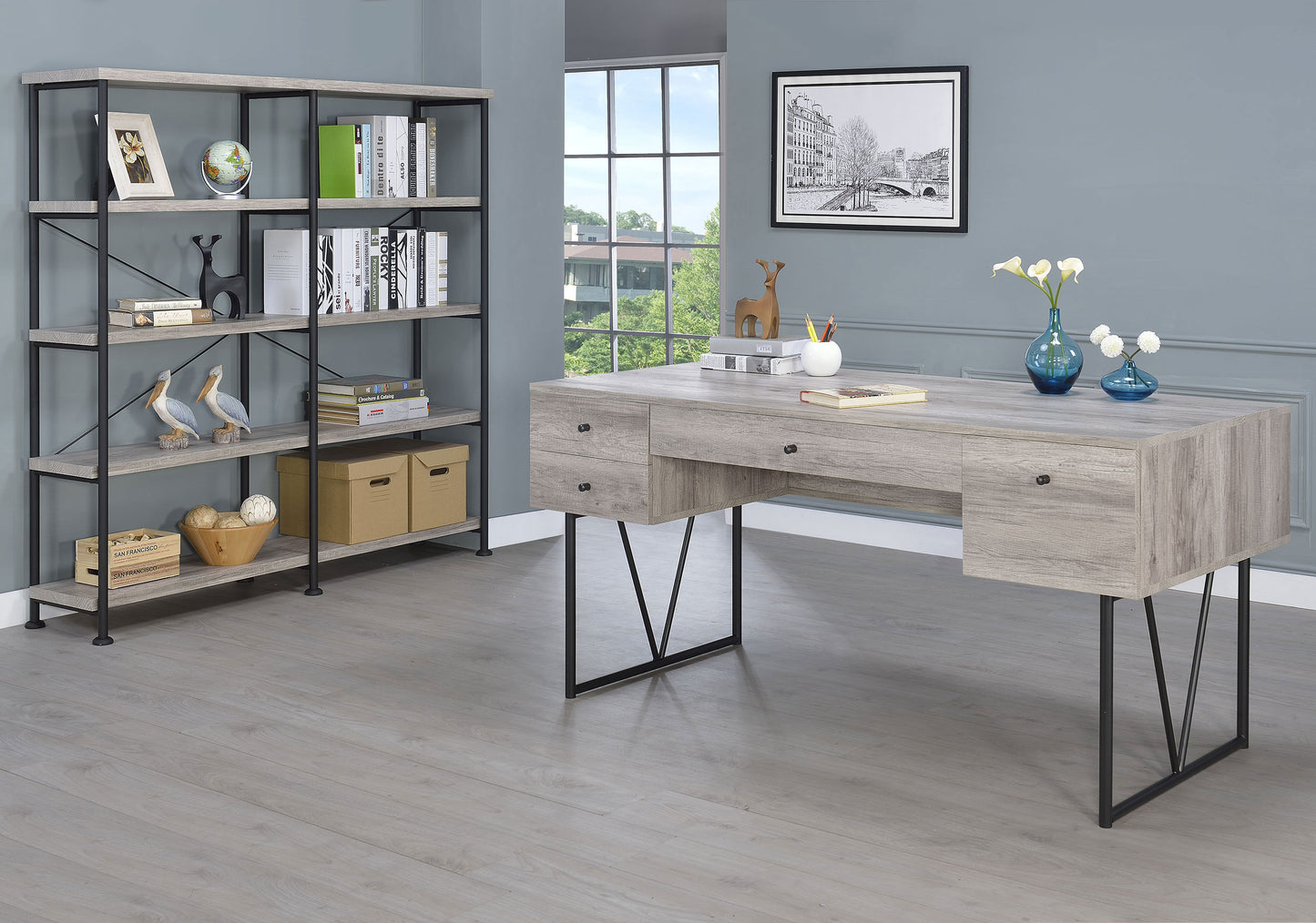 Analiese 63-inch 4-drawer Writing Desk Grey Driftwood